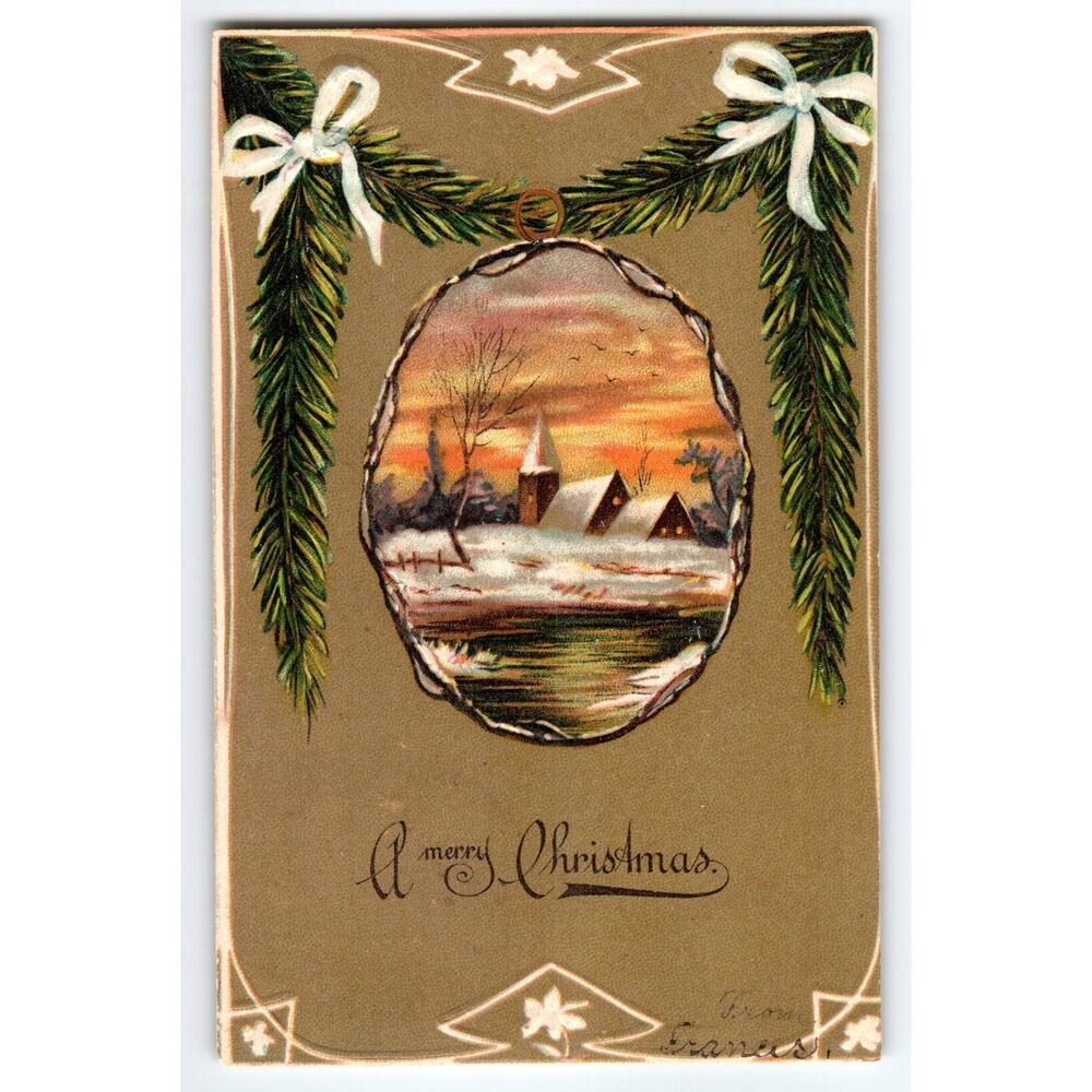 Vintage Embossed Christmas Postcard Snowy Church Scene Printed in Germany